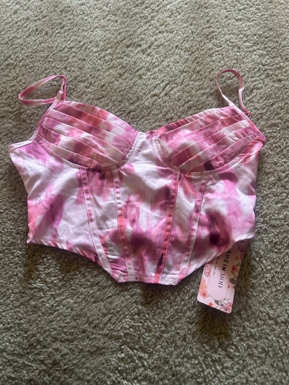 Pink Tie-Dye Bustier Crop Top – Padded Corset Style, Adjustable Straps
